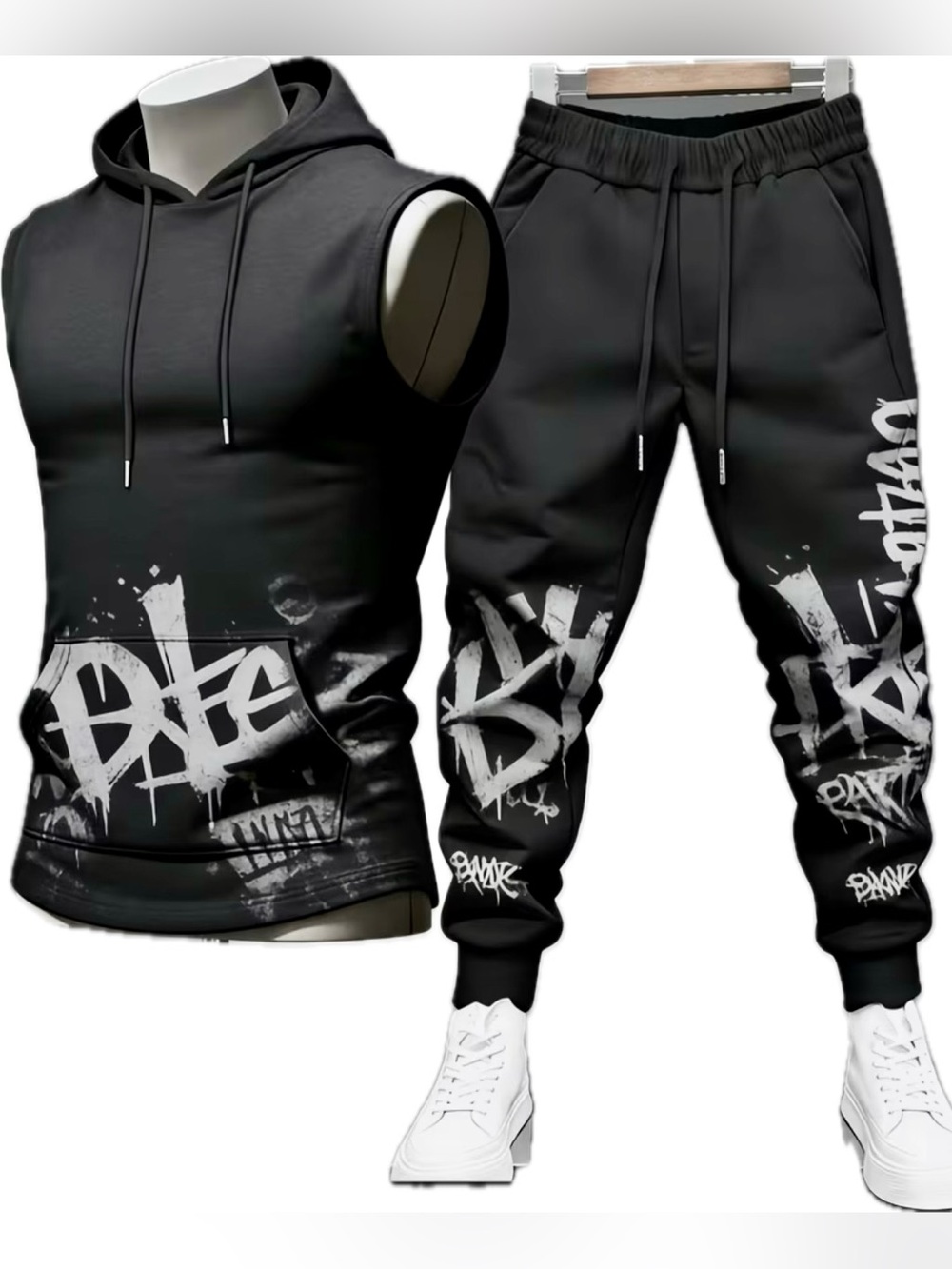 Men's Black Graffiti Sleeveless Hoodie & Jogger Set